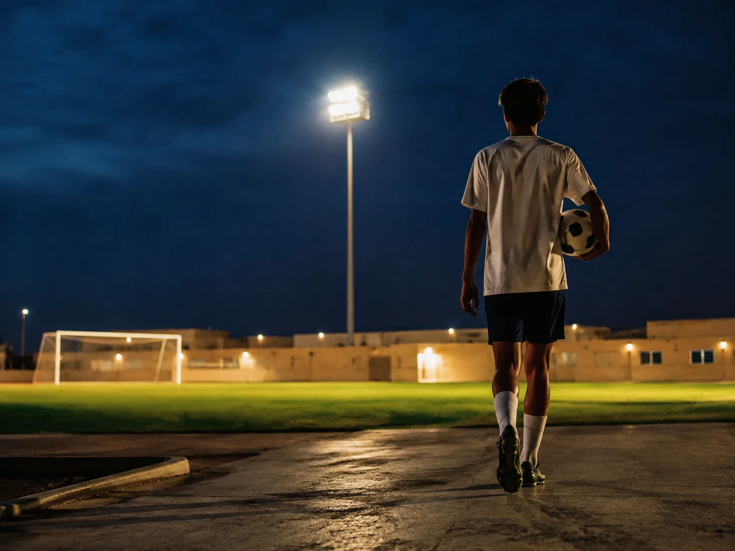 A young player seen from behind, walking towards the floodlit training pitch