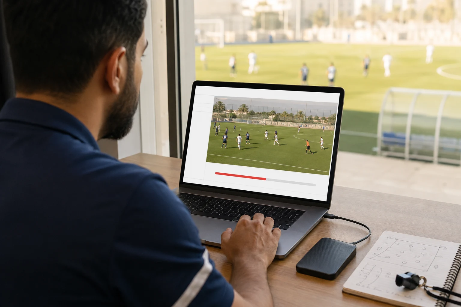 A coach uploads match footage on a laptop, with a connected drive and tactical notebook